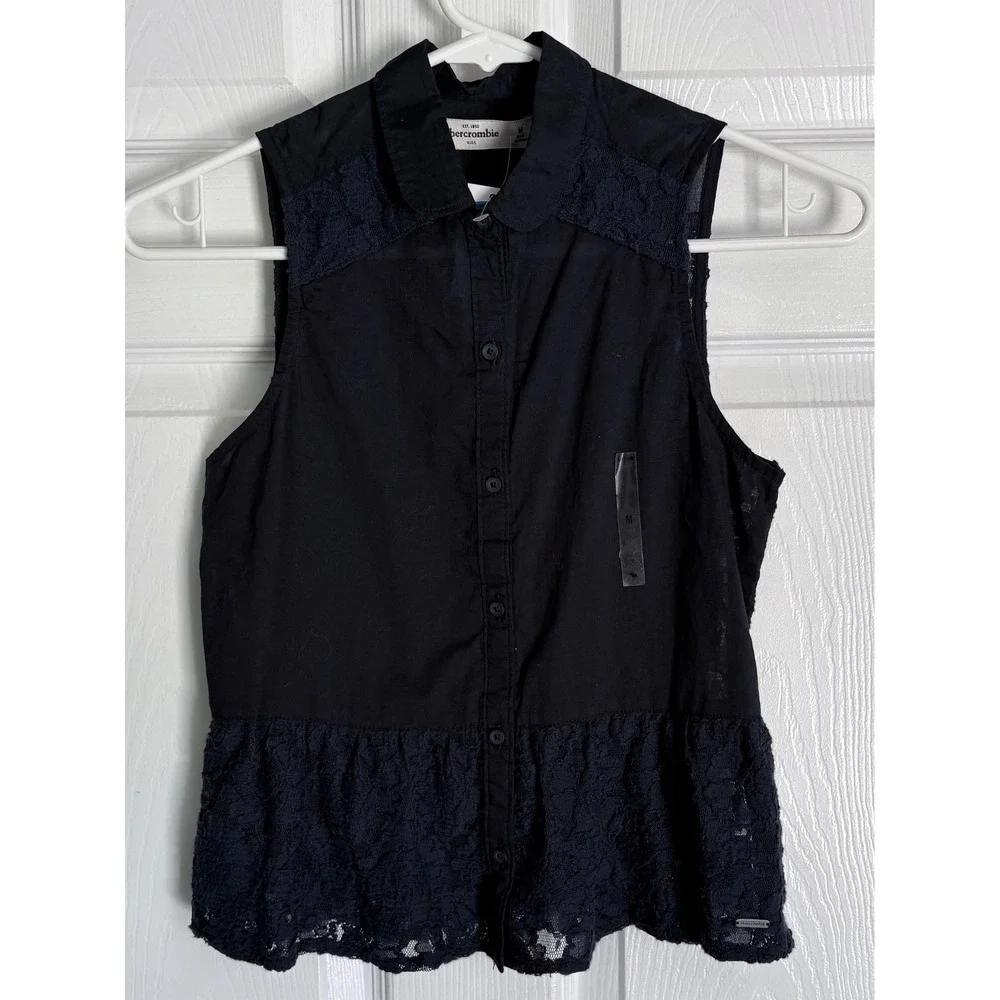 Abercrombie Kids Sleeveless Top Size Medium Black Lace Peplum Button Down Lace